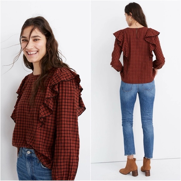Madewell Blouse Ruffle-Front Top in Plaid Warren Check Faded Rust S - Picture 2 of 13